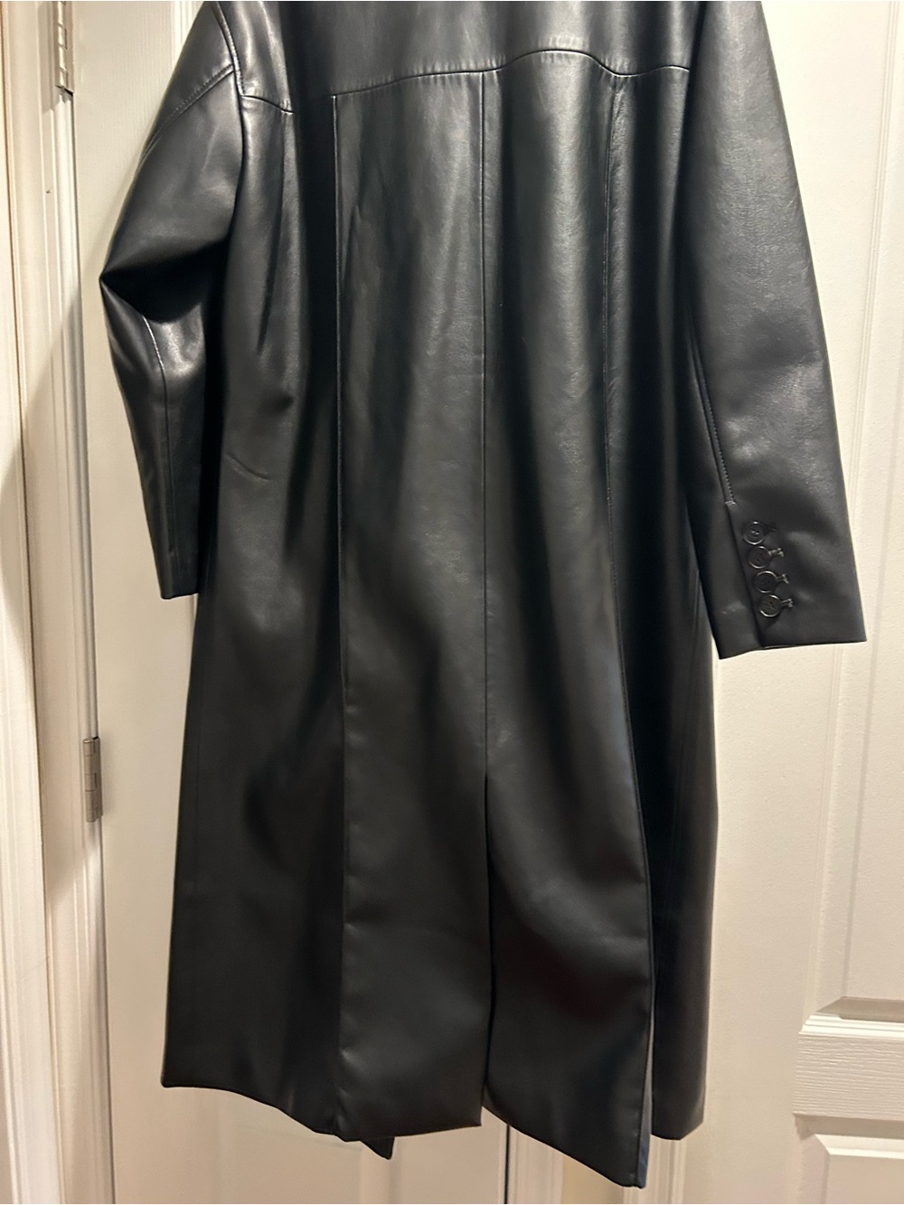 Black Vegan Leather Long Coat - Sleek Women's Leather Jacket - Picture 3 of 3